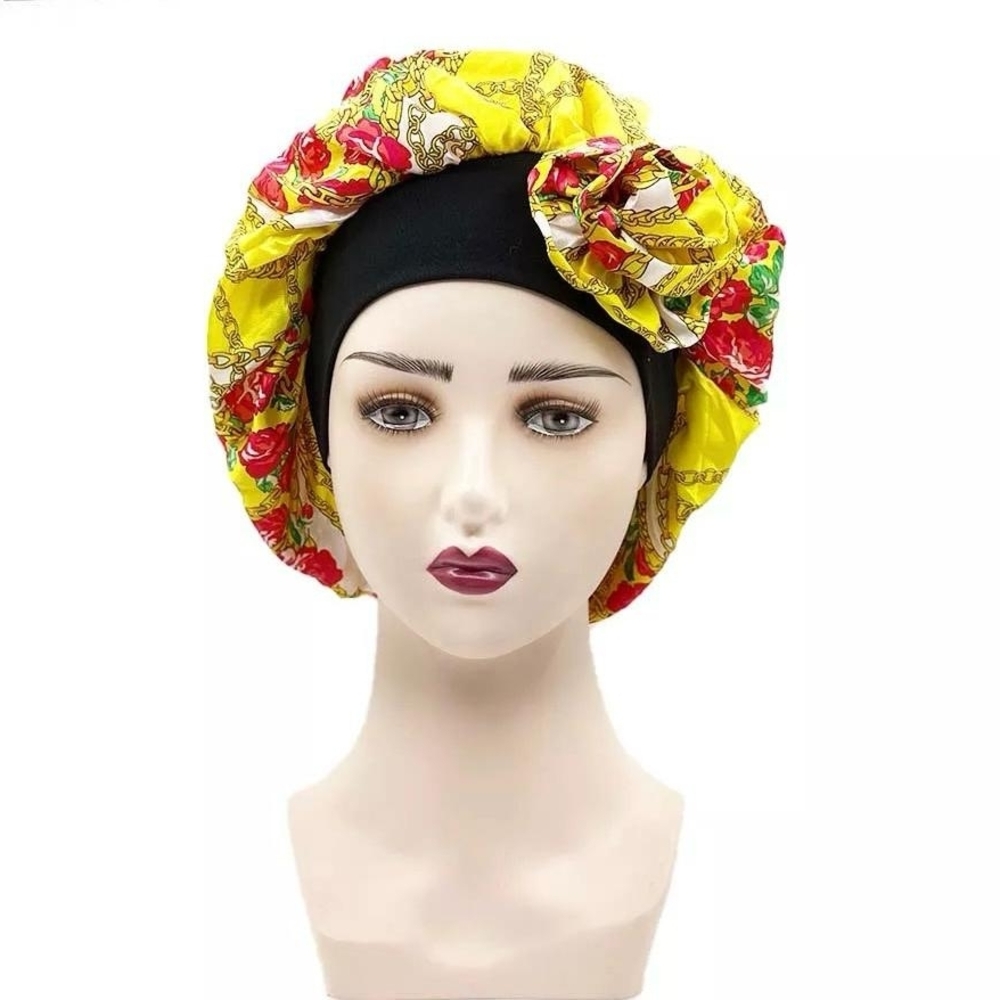 Yellow Floral Satin Sleep Bonnet with Bow